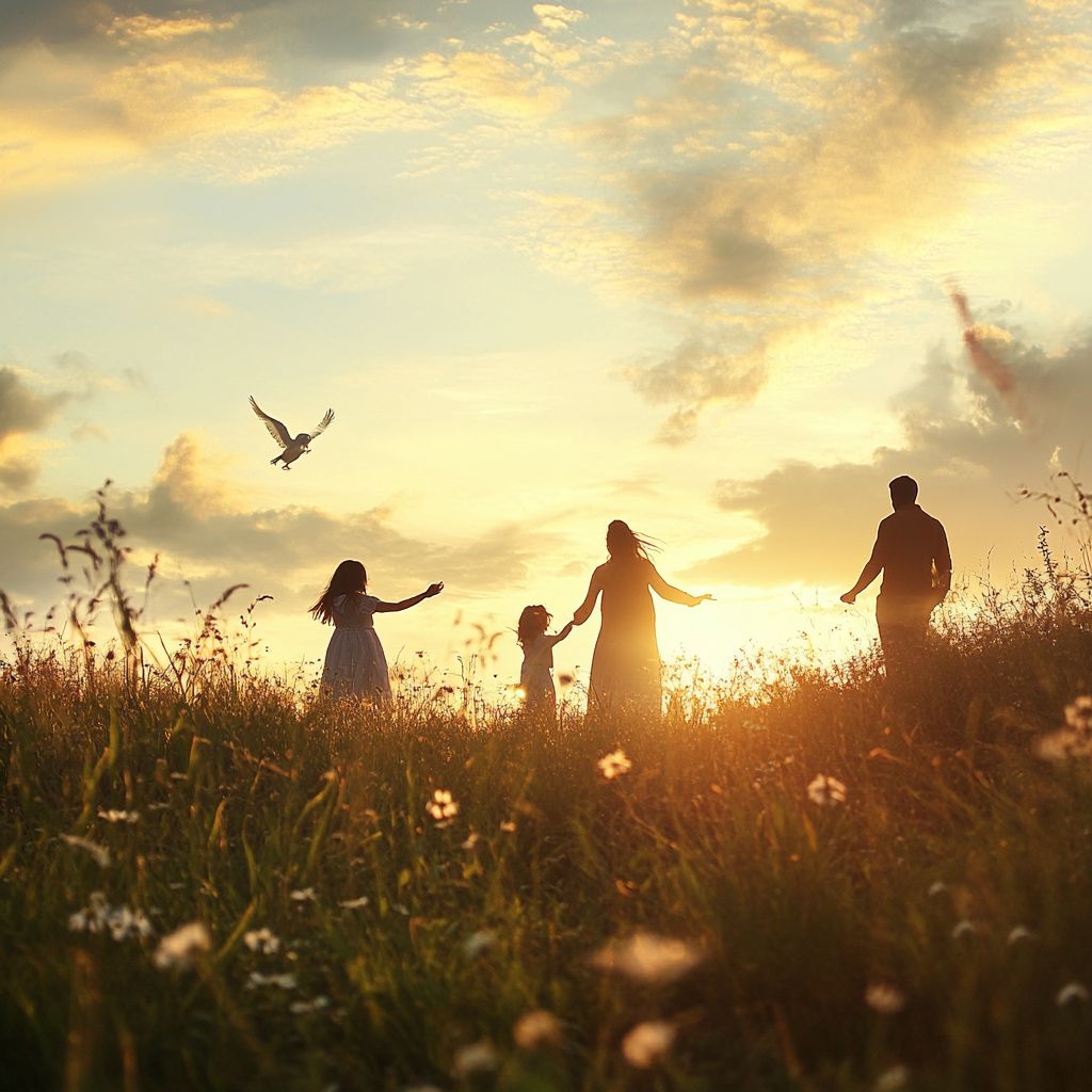 Family walking through a sunlit meadow at sunset